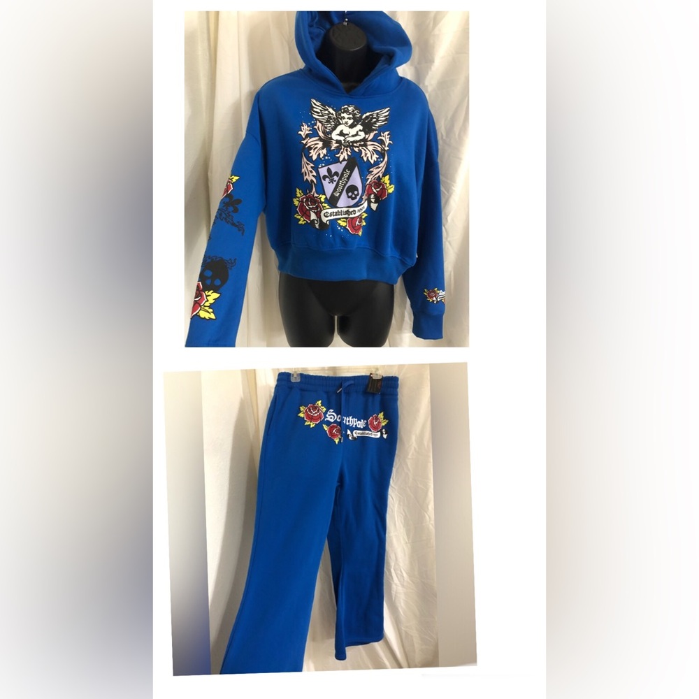 Southpole blue rose floral embroidered hoodie & flare leg sweatpants set size L